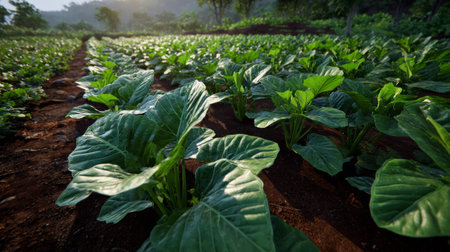 A breathtaking view of vibrant green cabbage leaves thriving in an organic farm field at sunset. The healthy plants catch rays of sunlight, showcasing a peaceful rural landscape filled with life and vitality.の素材