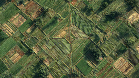 Explore an aerial perspective of vibrant agricultural fields displaying geometric patterns created by lush green rice paddies and cultivated land.の素材