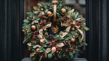 This charming Christmas wreath features a beautiful blend of pine, berries, and golden ornaments, perfect for enhancing holiday decorations and celebrations.の素材