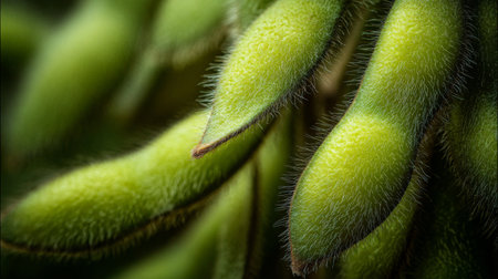 This close-up image captures fresh green edamame pods showcasing a soft, hairy texture against a dark background, highlighting their natural beauty and freshness.の素材