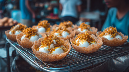 A mouthwatering display of Thai dessert featuring crispy shells filled with coconut and egg, topped with a golden garnish in a vibrant market setting.の素材