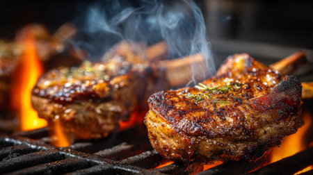 A vibrant image of juicy meat chops grilling over an open flame, showcasing aromatic smoke rising, ideal for culinary arts and food promotion.の素材