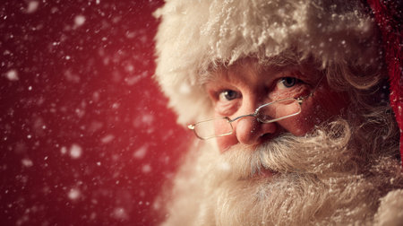 A heartfelt close-up portrait of Santa Claus surrounded by a gentle snowfall. His warm expression and glasses evoke the spirit of Christmas and holiday joy.の素材