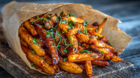 A mouthwatering display of crispy golden French fries sprinkled with aromatic spices and fresh herbs, served in a rustic paper cone on a wooden surface.の素材