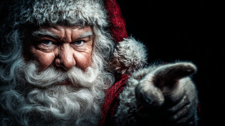 This striking portrait captures Santa Claus with an intense expression, pointing decisively against a dark background, emphasizing the significance of the holiday season.の素材