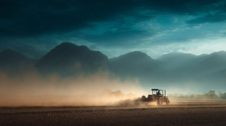 A tractor works through a dusty agricultural field under a dramatic sky, surrounded by mountains. The early morning light enhances the rural landscape, capturing the essence of farming life.の素材