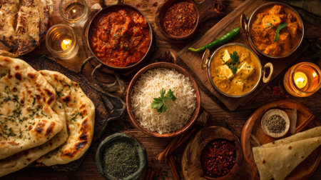 This captivating image showcases a variety of traditional Indian dishes, highlighting rich colors and textures of curries, rice, and naan bread. Perfect for food enthusiasts!の素材