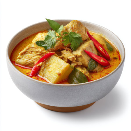 This vibrant bowl of spicy chicken curry features tender chunks soaked in a rich, aromatic sauce, garnished with fresh herbs and red chilies. Perfect for culinary enthusiasts!の素材