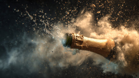 A striking image captures the moment a champagne bottle explodes, creating a magnificent splash of liquid and clouds of smoke against a dark backdrop.の素材