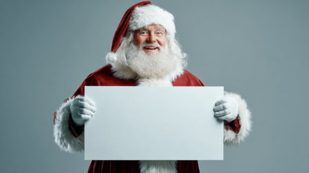 A joyful Santa Claus in a classic red suit and white beard holds a blank sign, perfect for Christmas promotions or heartfelt messages during the festive season.の素材