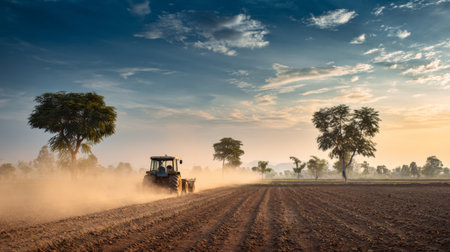 A powerful tractor plows a dusty agricultural field at sunset, creating a serene rural landscape. The warm sky and trees highlight the beauty of farming.の素材