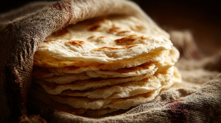 A beautiful arrangement of freshly baked flatbread stacked closely together, gently covered by a soft cloth, creating a warm and inviting kitchen atmosphere.の素材