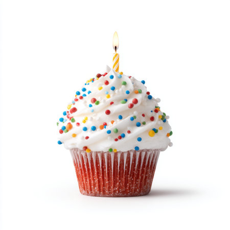 A vibrant cupcake topped with white frosting and colorful sprinkles, featuring a lit candle, perfect for celebrating birthdays and special moments.の素材