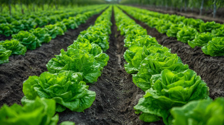 This stunning image showcases vibrant green lettuce growing in neatly organized rows on a lively farm, highlighting the beauty of agricultural life.の素材