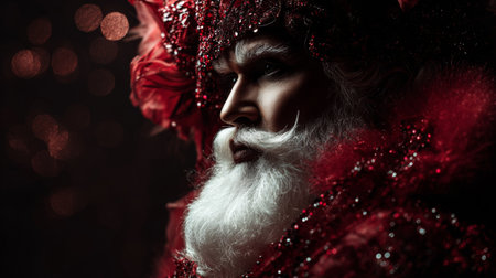 Capture the essence of holiday magic in this stunning portrait of an elegant Santa Claus, adorned in rich red attire, set against a captivating bokeh background.の素材