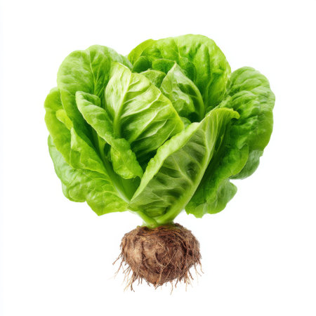 Fresh green lettuce with roots displayed, ideal for salads and healthy recipes. A vibrant and nutritious vegetable representing clean eating.の素材