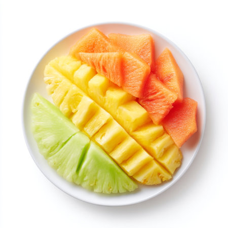 A vibrant and refreshing fruit platter showcasing freshly sliced pineapple, sweet cantaloupe, and juicy melon on a white plate, perfect for healthy snacking.の素材