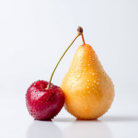 This image showcases a fresh red cherry and a juicy yellow pear adorned with water droplets against a clean white background, emphasizing freshness and vitality.の素材