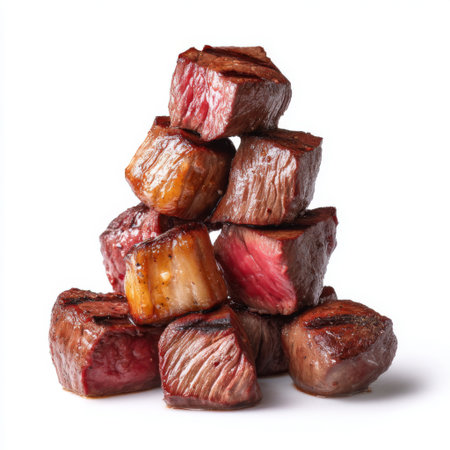 A stylish arrangement of juicy grilled meat cubes stacked on a white background, showcasing rich colors and textures perfect for food photography and culinary art.の素材
