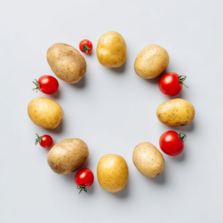 A visually appealing arrangement of fresh potatoes and cherry tomatoes creates a circular composition on a plain background, ideal for culinary use.の素材