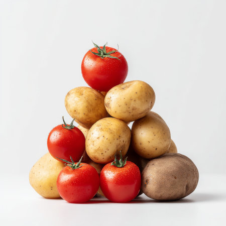 A visually appealing arrangement of fresh potatoes and vibrant red tomatoes stacked in a pyramid shape against a clean white background. Perfect for food enthusiasts.の素材