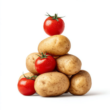 This image showcases a creative arrangement of fresh potatoes topped with ripe tomatoes, emphasizing natural colors and textures for culinary inspiration.の素材