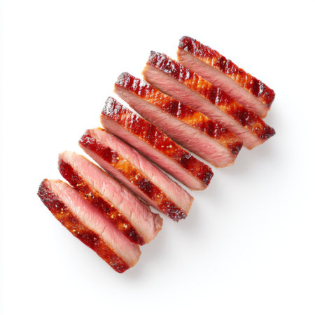 This image showcases beautifully sliced cooked meat with a grilled surface against a clean white background, ideal for food and culinary-themed content.の素材
