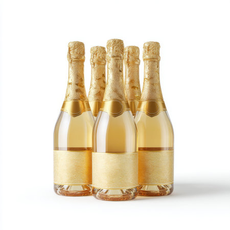 A sophisticated arrangement of six sparkling wine bottles featuring gold foil caps and simple labels, perfect for celebrations and festive gatherings.の素材