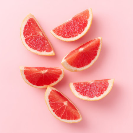 Vibrant pink grapefruit slices are artistically arranged on a soft pink background, highlighting freshness and nutrition, perfect for food-related projects.の素材