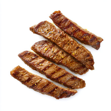 Indulge in these deliciously grilled beef strips, showcasing a crispy char and juicy texture, ideal for any culinary creation or meal setting.の素材