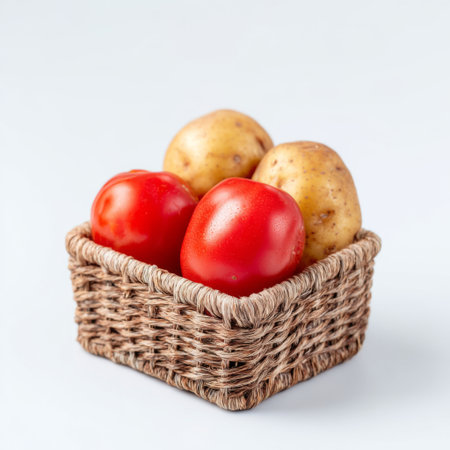 This image features a woven basket holding fresh red tomatoes and peeled potatoes set against a minimalist background, perfect for food-related themes.の素材