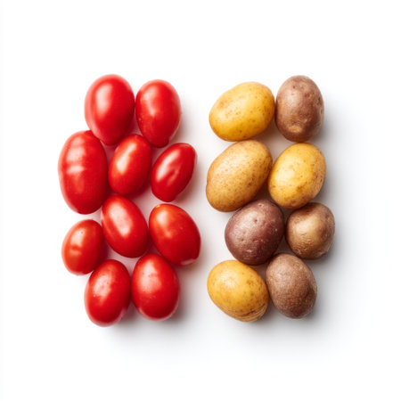 This stock photo features fresh red tomatoes and assorted potatoes arranged neatly on a clean white background, perfect for food-related projects.の素材