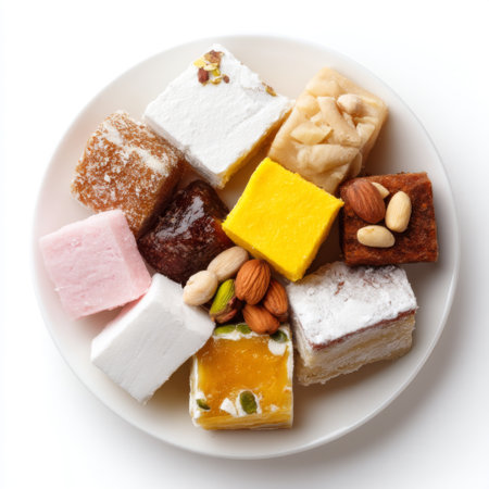 A charming assortment of assorted sweets beautifully arranged on a white plate, showcasing vibrant colors and textures that add joy to any gathering.の素材