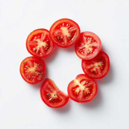 This image showcases freshly sliced red tomatoes arranged in a circular pattern on a clean white background, perfect for food-related projects or recipes.の素材
