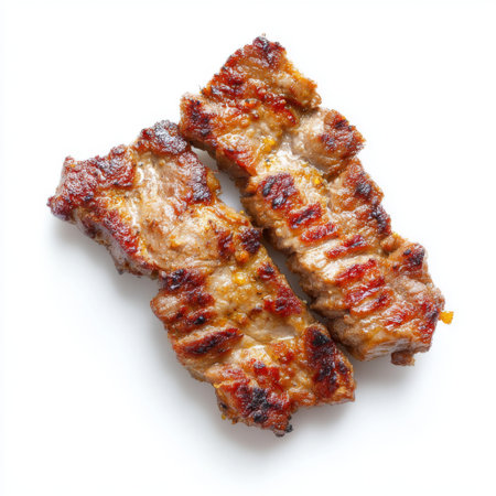 Two perfectly grilled meat strips on a clean white surface, showcasing appetizing texture and flavor perfect for culinary enthusiasts and food lovers alike.の素材