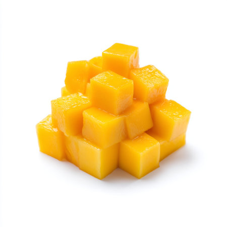 A visually appealing arrangement of fresh mango cubes stacked on a clean white background, perfect for food photography and healthy lifestyle inspiration.の素材