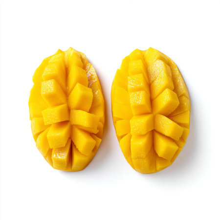 These vibrant mango halves showcase beautifully cut yellow cubes, perfect for a healthy snack or culinary delight. Ideal for food photography.の素材