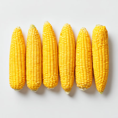 This image features six golden yellow corn cobs arranged neatly on a clean white background, ideal for food blogs, cookbooks, and culinary marketing.の素材