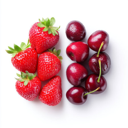 A vibrant arrangement of fresh strawberries and sweet cherries on a clean white background, perfect for healthy recipes, colorful desserts, and summer snacks.の素材