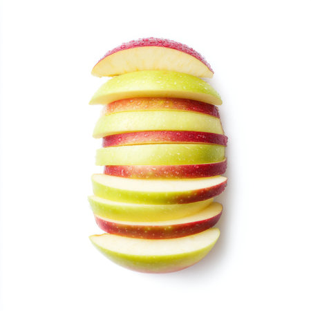 Vibrant and colorful arrangement of freshly sliced red and green apples stacked harmoniously on a clean white background, perfect for healthy lifestyle visuals.の素材