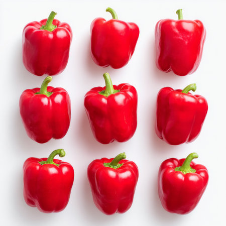 This image features a vibrant arrangement of fresh red bell peppers on a pristine white background, perfect for culinary inspiration and healthy meal ideas.の素材