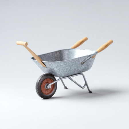 A sturdy metallic wheelbarrow with wooden handles, ideal for gardening, construction, and landscaping tasks. Perfect for outdoor projects and heavy lifting.の素材