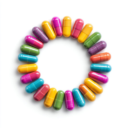 A stunning arrangement of colorful capsules creatively displayed in a circular shape against a clean white backdrop, representing health and wellness.の素材