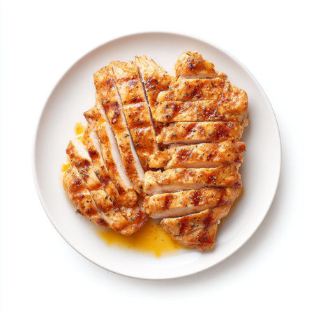 A beautifully plated presentation of juicy grilled chicken breast slices, seasoned to perfection for an appetizing meal experience. Ideal for culinary use.の素材