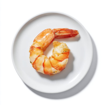 A succulent cooked shrimp displayed on a sleek white plate, offering a tempting inspiration for seafood lovers and culinary enthusiasts.の素材