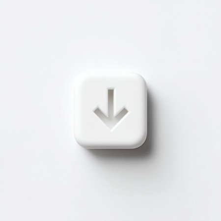 A minimalist white arrow down button displayed on a pristine background, ideal for digital interfaces and modern design projects. This image highlights simplicity and usability in user experience.の素材