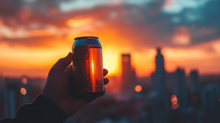 A hand holds a cold can against a vibrant sunset, creating a stunning silhouette against a blurred city skyline, evoking feelings of relaxation and enjoyment.の素材