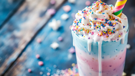 This vibrant milkshake features layers of blue and pink, topped with fluffy whipped cream and colorful sprinkles, perfect for summer enjoyment.の素材