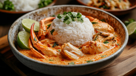 A vibrant seafood curry is served with fluffy rice, garnished with fresh lime and coriander, offering a delightful culinary experience. Perfect for food lovers.の素材
