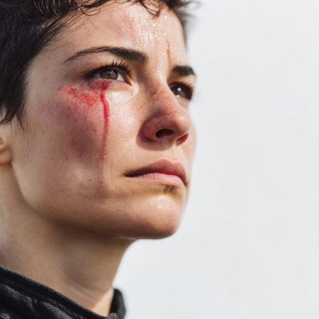 An intense portrait features a woman with a serious expression, revealing subtle signs of injury that symbolize resilience and strength against adversity.の素材
